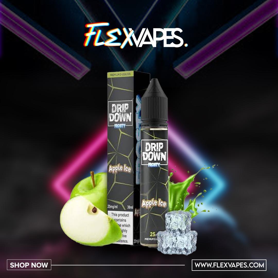 FlexVapes Drip Down Apple Ice e-liquid neon showcase ad with green apple and ice